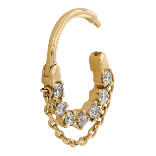 Artemis with Chain White Diamond 16g 7518 side open yellow gold Shiva Design and Jewels Hinged ring septum rook hoop helix IRIS PIERCING STUDIOS