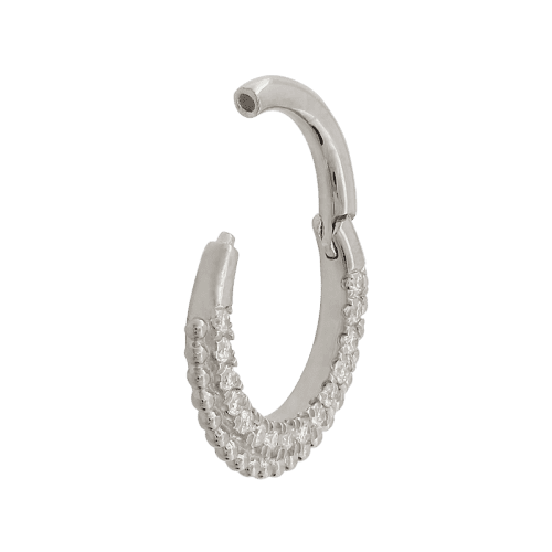 Diamonds and Beads Hinged Ring 18g front 3890 white gold side open daith septum nostril cartilage jewelry earring hinged ring hoop IRIS PIERCING STUDIOS