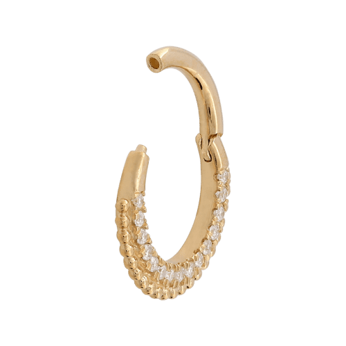 Diamonds and Beads Hinged Ring 18g front 5854 yellow gold side open daith septum nostril cartilage jewelry earring hinged ring hoop IRIS PIERCING STUDIOS