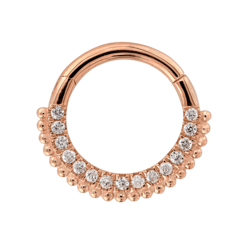 Diamonds and Beads Hinged Ring 18g front 7664 rose gold front daith septum nostril cartilage jewelry earring hinged ring hoop IRIS PIERCING STUDIOS