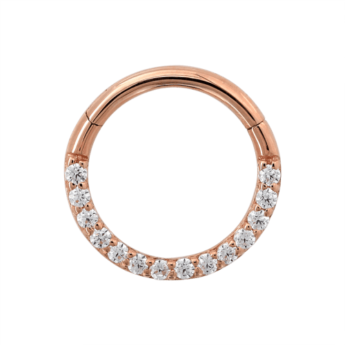 Full Gemmed Hinged Ring Rose Gold 7847 frontdiamonds septum rook nostril nose hoop hinge ring earring IRIS PIERCING STUDIOS style fashion